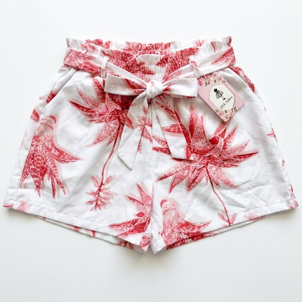 Pink & White Tropical Floral High Waisted Tie Belt Shorts Size L/XL